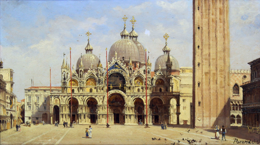 This oil on panel by Antonietta Brandeis (1849-1910) depicting the Piazza San Marco (View of St. Mark's Square, Venice looking toward the cathedral, realized £8,800 ($13,375) at Canterbury Auction Galleries on Feb. 12. Image courtesy Canterbury Auction Galleries.